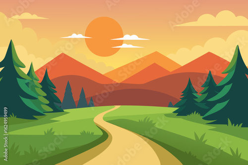 Idyllic Landscape Illustration with Verdant Green Hues Peaceful Nature Art