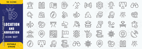 Location and navigation icon set. Containing location, navigation, direction, GPS, flag, destination, route, road and more. Vector outline icons collection