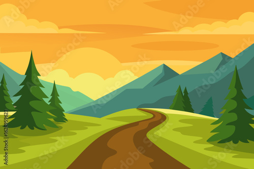 Idyllic Landscape Illustration with Verdant Green Hues Peaceful Nature Art