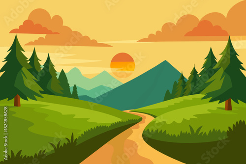 Idyllic Landscape Illustration with Verdant Green Hues Peaceful Nature Art