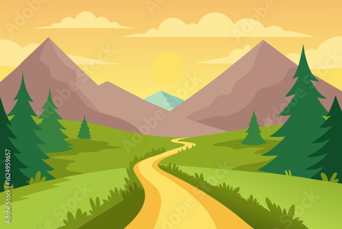 Idyllic Landscape Illustration with Verdant Green Hues Peaceful Nature Art