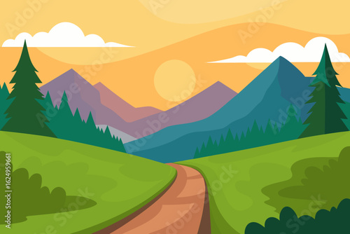 Idyllic Landscape Illustration with Verdant Green Hues Peaceful Nature Art