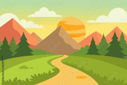 Idyllic Landscape Illustration with Verdant Green Hues Peaceful Nature Art