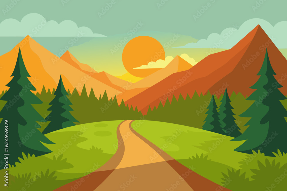 Fototapeta premium Idyllic Landscape Illustration with Verdant Green Hues Peaceful Nature Art