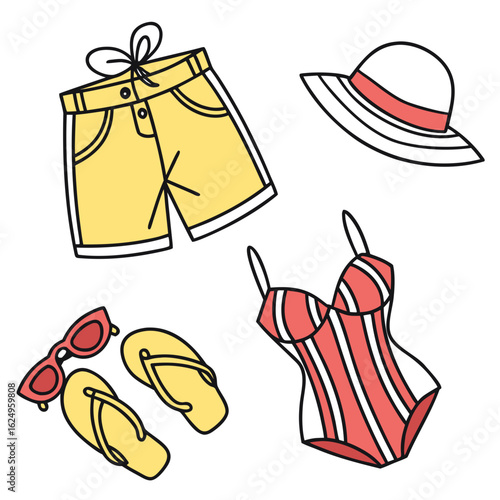 Collection of summer beach vacation clothing and accessories including a swimsuit shorts hat sunglasses and flip flops