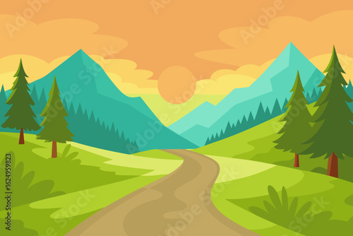 Idyllic Landscape Illustration with Verdant Green Hues Peaceful Nature Art