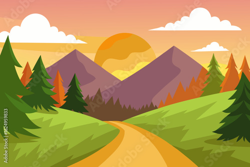 Idyllic Landscape Illustration with Verdant Green Hues Peaceful Nature Art