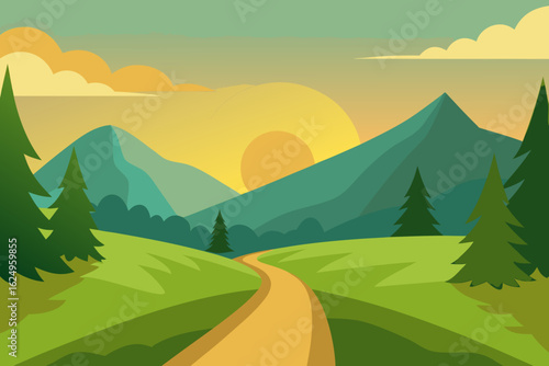 Idyllic Landscape Illustration with Verdant Green Hues Peaceful Nature Art