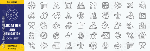 Location and navigation icon set. Containing location, navigation, direction, GPS, flag, destination, route, road and more. Vector outline icons collection