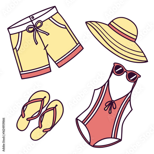 Flat lay of summer vacation essentials including swimwear flip flops shorts and a sun hat