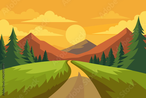 Idyllic Landscape Illustration with Verdant Green Hues Peaceful Nature Art