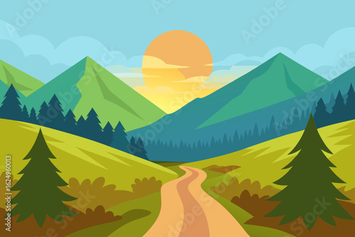 Idyllic Landscape Illustration with Verdant Green Hues Peaceful Nature Art