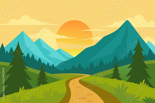 Idyllic Landscape Illustration with Verdant Green Hues Peaceful Nature Art