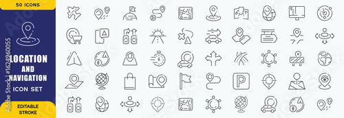 Location and navigation icon set. Containing location, navigation, direction, GPS, flag, destination, route, road and more. Vector outline icons collection