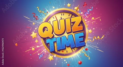 Colorful Quiz Time Illustration with Bright Confetti and Timer Background
