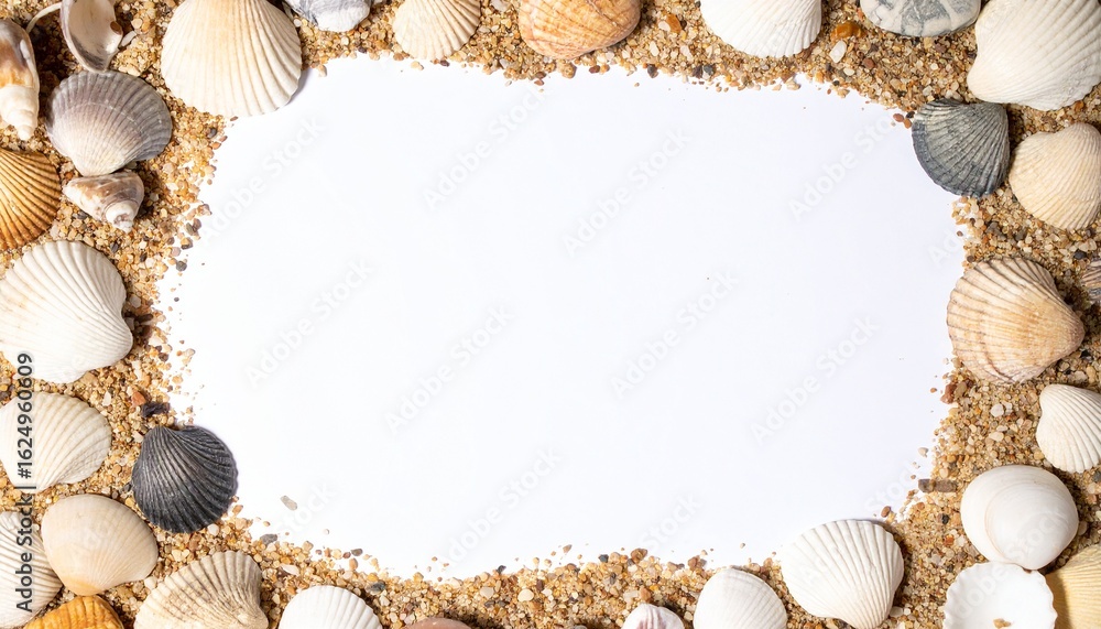 Fototapeta premium Beautiful beach shells and sand frame a bright white space for your summer vacation memories