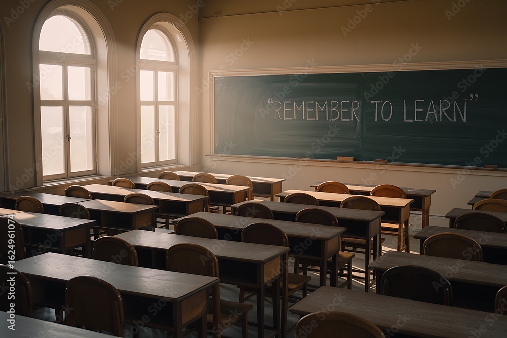 Empty classroom sunlit desks and chalkboard Remember to Learn Empty classroom sunlit desks and chalkboard Remember to Learn