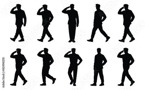 Vector art of silhouette of military man saluting isolated on white background, vector illustration