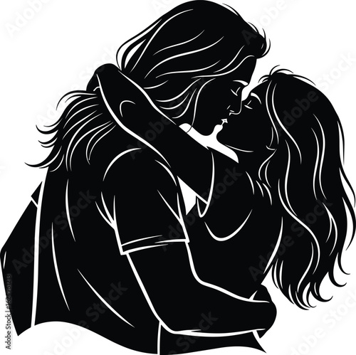 Romantic couple in love silhouette illustration, embracing man and woman vector art, passionate kiss pose, emotional relationship design