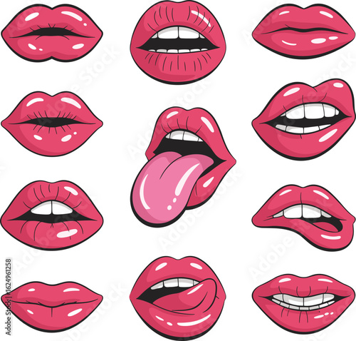 Cartoon lips illustration set, glossy pink lips clipart, mouth expressions vector, sexy lips art, pouty lips drawing, playful lips icon collection