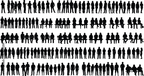 Silhouette collection of diverse people standing and sitting in various poses, human crowd interaction, public gathering, vector group illustration