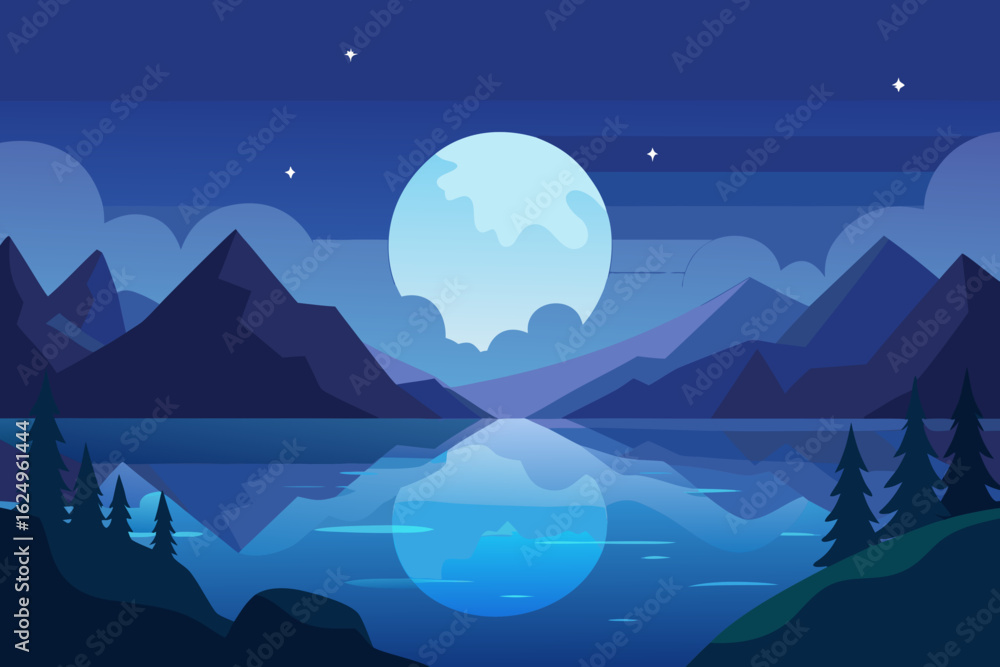 Obraz premium Tranquil Night Landscape Illustration with Blue Hues Peaceful Evening Scene