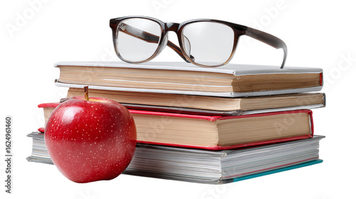 Stack of textbooks with apple and glasses on top isolated on transparent background 