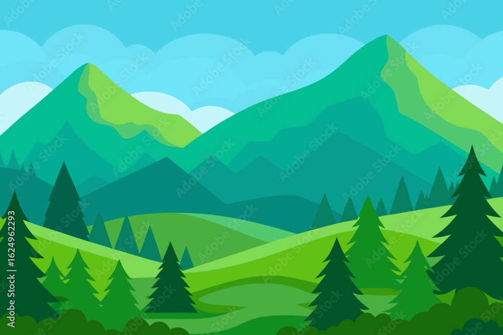 Fototapeta premium Vibrant Serene Mountain Landscape Rendered Art Scenic Beauty