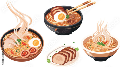 Illustration showcasing bowls of ramen with various toppings and a plate of sliced pork belly