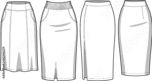 Pencil skirt flat sketch, cad drawing of women’s skirts with slits, panels, knit waistbands, clean lines, fashion vector for technical design