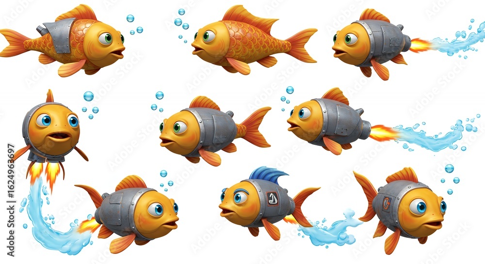 Fototapeta premium Cartoon fish illustration set with jet propulsion