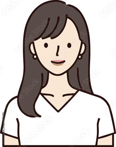 Cartoon person with long dark hair, white shirt, neutral expression, minimal line art, vector illustration, isolated character design