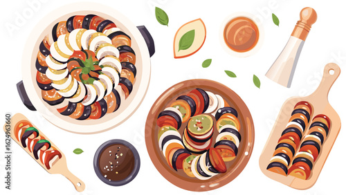 Overhead view of ratatouille dishes with vegetables and sauces on a white background illustration