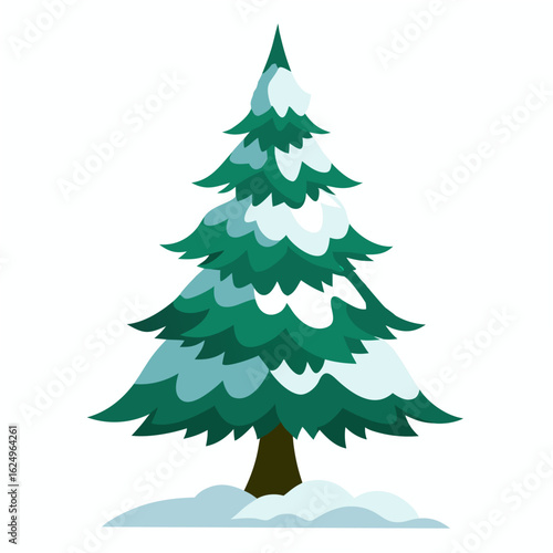 Christmas tree covered by snow. Tall evergreen of winter tree. Isolated vector illustration on white background 