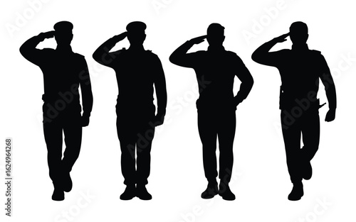 Vector art of silhouette of soldiers saluting isolated on white background, vector illustration