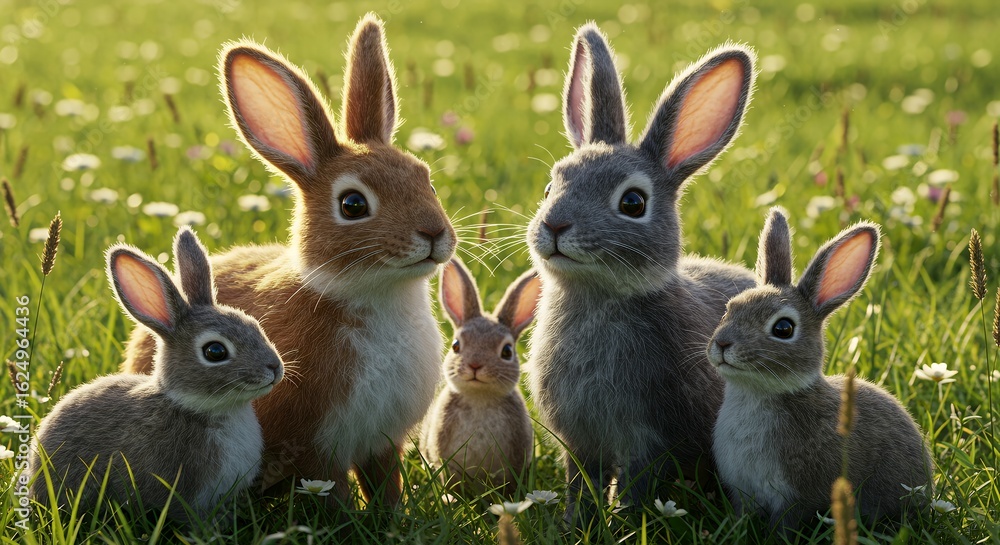 Obraz premium Group of Six Cute Baby Rabbits Sitting in Green Meadow During Daylight