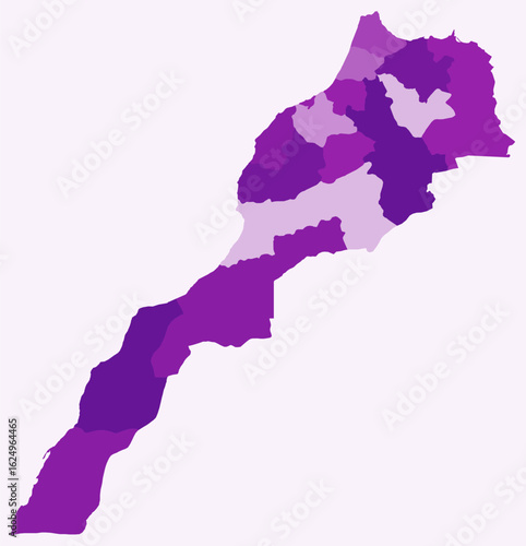 Map of Morocco with regions. Just a simple country border map with region division. Purple color palette. Plain Morocco shape with administrative division. Vector illustration.
