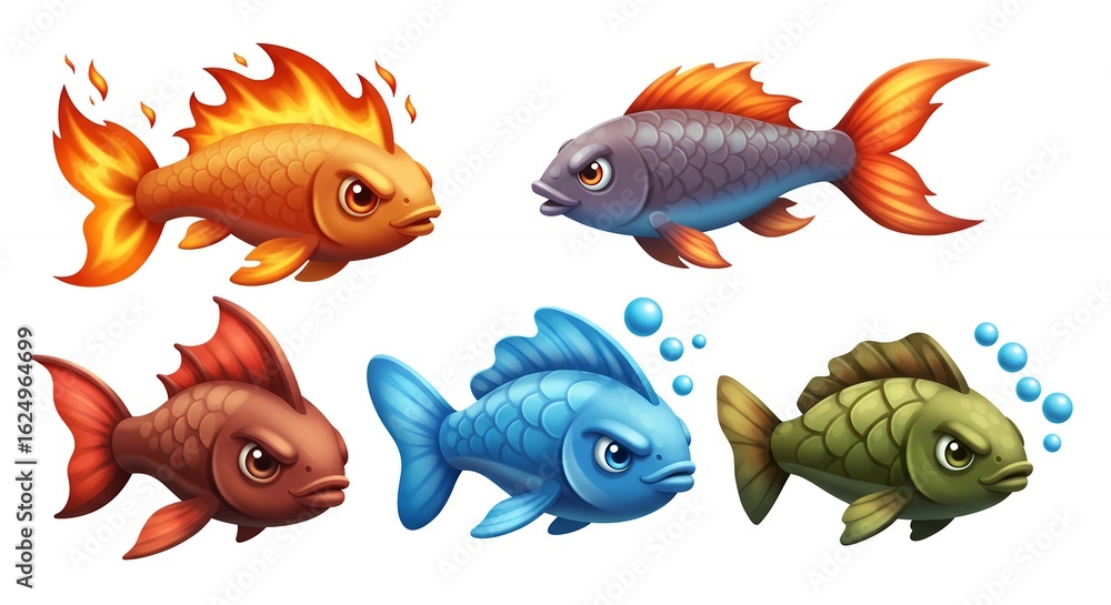 Fototapeta premium Collection of cartoon angry fish in various colors