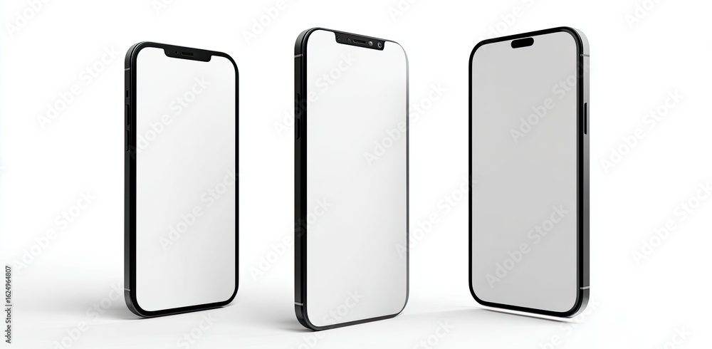 Three black smartphones with blank screens Three black smartphones with blank screens