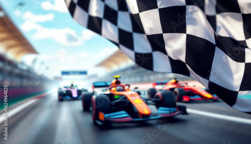 Wallpaper Mural Checkered flag waves as Formula 1 cars blur toward race finish.
 Torontodigital.ca