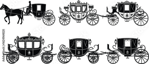 Vintage royal horse carriage vector illustration, ornate coach silhouettes, historical transport design, antique vehicle drawing, classic Victorian era graphic