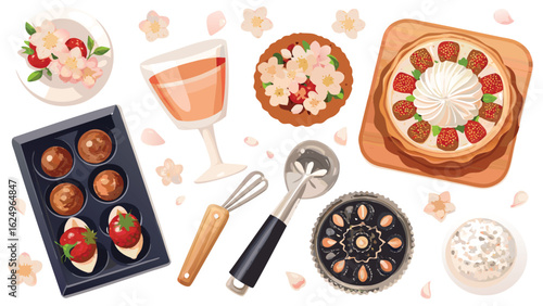 Overhead view of assorted desserts including tarts, chocolates, and a glass of wine on white background
