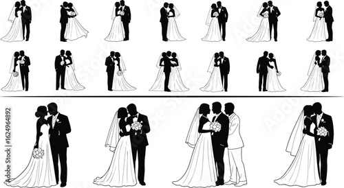 Wedding couple silhouette vector illustration set, bride and groom romantic poses, marriage ceremony design, love couple clipart collection