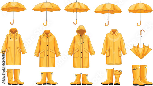 Yellow raincoat set with rubber boots and umbrellas, waterproof clothing accessories for rainy weather, fashion vector illustration for stock use