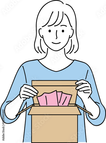 Cartoon person, blue shirt, holding open cardboard box, pink items inside, delivery concept, vector art, isolated, character design, unboxing