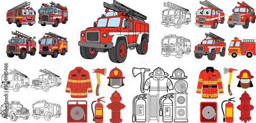 Cartoon Fire Trucks, Firefighter Uniforms, Helmets, Axes, Fire Extinguishers, and Hydrants on a White Background