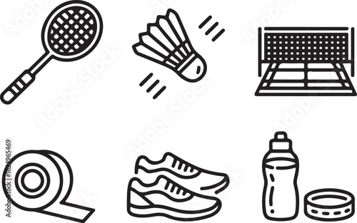 Badminton Equipment Line Icons Set   Racket, Shuttlecock, Net, Court, Grip Tape, Shoes, and Water Bottle