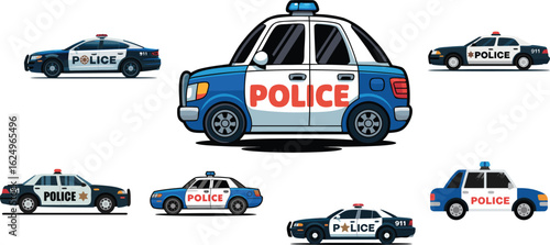 Collection of Cartoon Police Cars with Emergency Lights, Blue and White Color Schemes on White Background