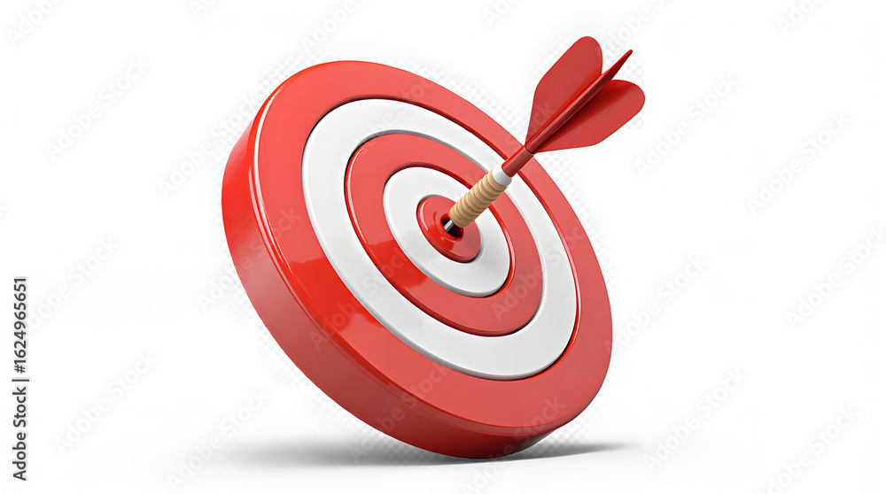 Red dart hitting the center of a circular target board Red dart hitting the center of a circular target board