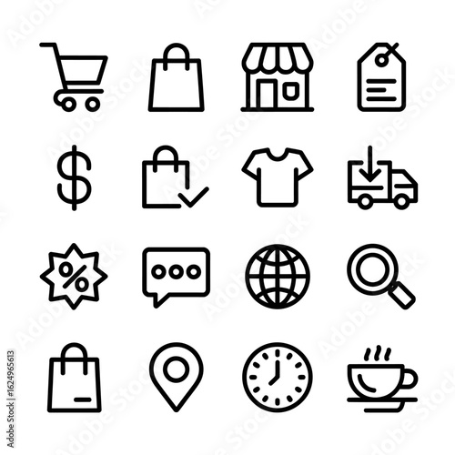 Set of ecommerce and online shopping icons featuring shopping cart bag storefront dollar tag t shirt and delivery truck for web design